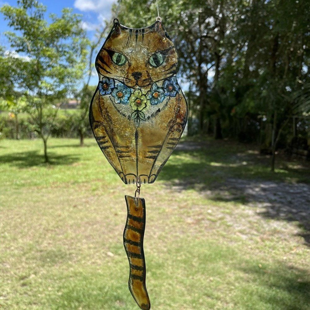 handmade unique art glass cat Flower Floral sun catcher dangle tail Garden Decor